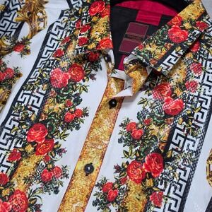 Vassari Button Down Shirt Mens L White Red Gold Excellent Baroque Floral Rose
